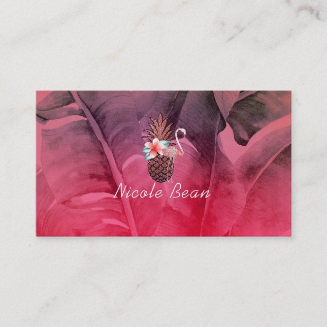 Pink Tropical Pineapple Flamingo & Palm Leaves Business Card (Front)