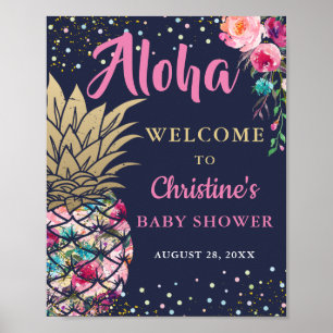 Pink Tropical Pineapple Navy Blue Baby Shower Poster