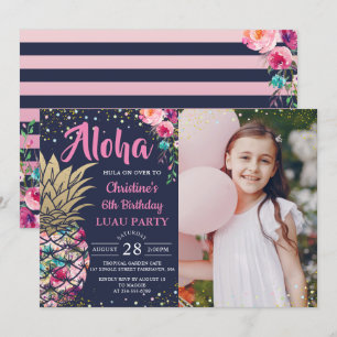 Pink Tropical Pineapple Navy Blue Birthday Photo Invitation