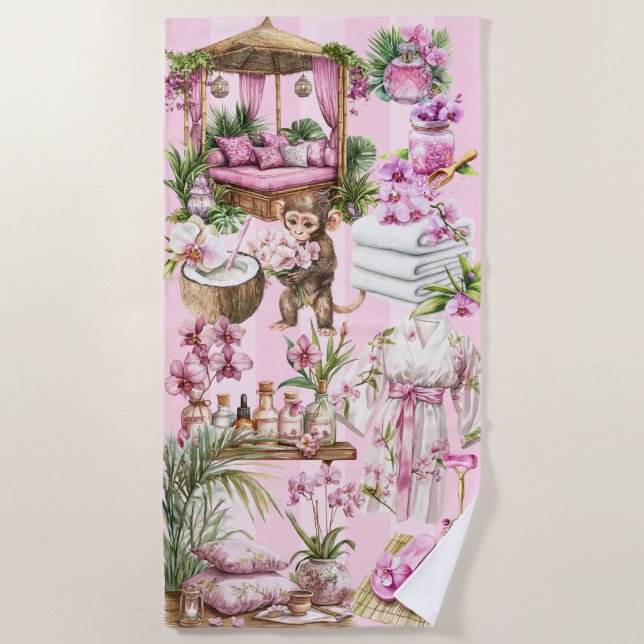 Pink Tropical Spa Cabana Beach Towel (Front)