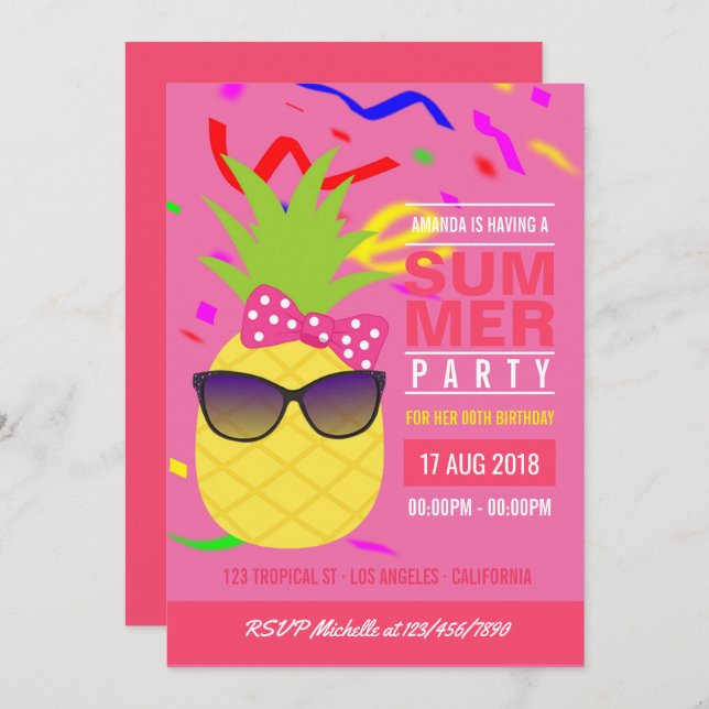 Pink Tropical Summer Girl Birthday Party Invite (Front/Back)