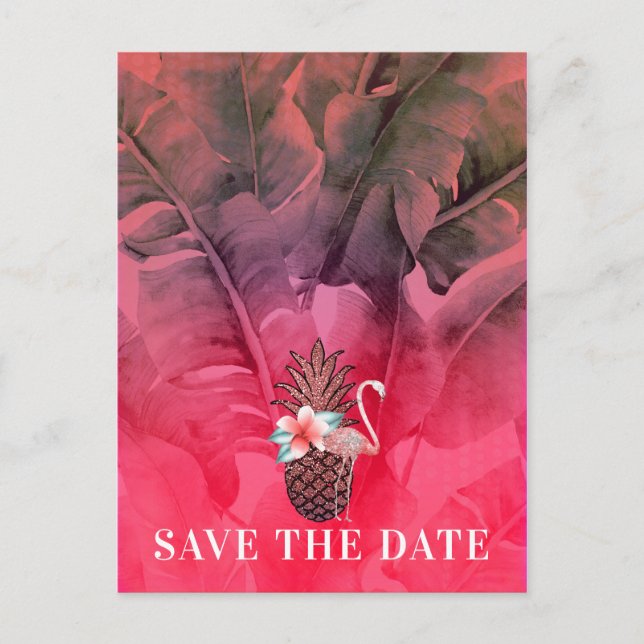 Pink Tropical Summer Palm Leaves Save the Date Announcement Postcard (Front)