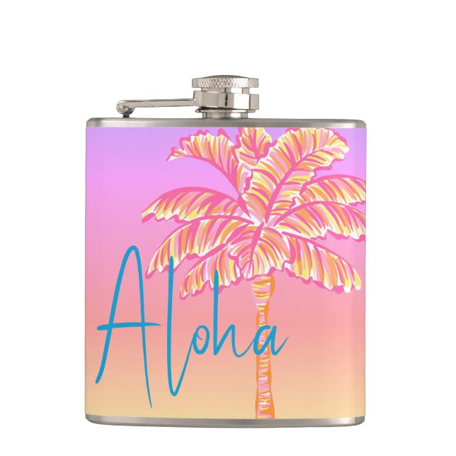 Pink Tropical Sunset Palm Tree Aloha 6oz.  Hip Flask (Front)