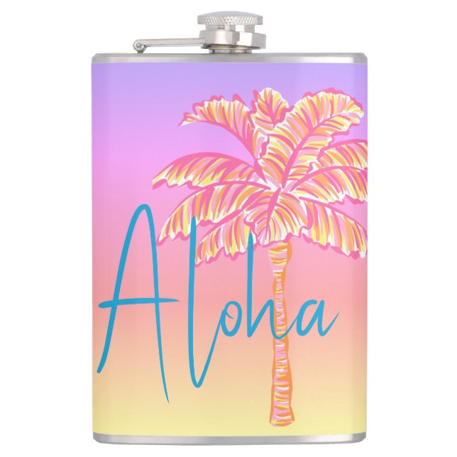 Pink Tropical Sunset Palm Tree Aloha 8oz.  Hip Flask (Front)