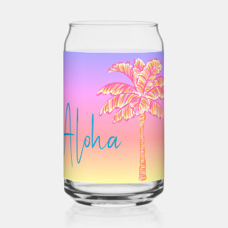 Pink Tropical Sunset Palm Tree Aloha Can Glass