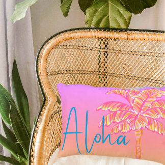 Pink Tropical Sunset Palm Tree Aloha Outdoor Decorative Cushion