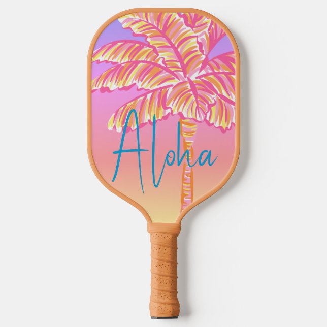 Pink Tropical Sunset Palm Tree Aloha Outdoor Pickleball Paddle (Front)