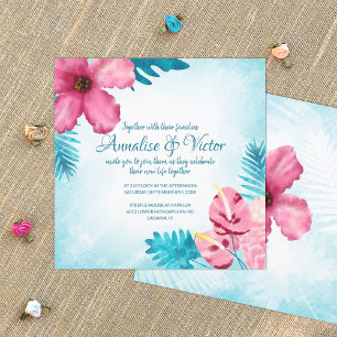 Pink Tropical Teal Hibiscus Wedding Invitation