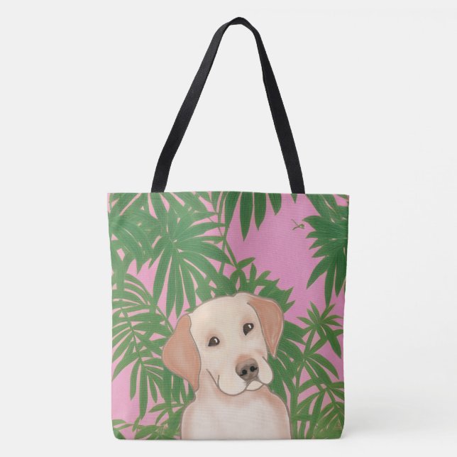 Pink Tropical Tote Bag with Yellow Lab (Front)