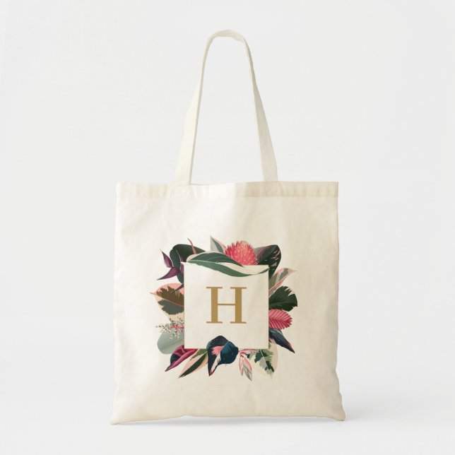 Pink Tropical Variegated Plants Frame Monogram Tote Bag (Front)