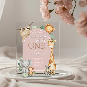Pink Tropical Wild One Jungle Safari Animals  Acrylic Invitations