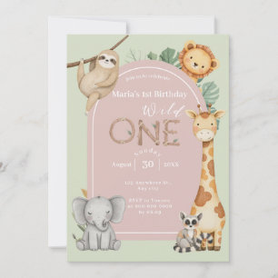 Pink Tropical Wild One Jungle Safari Animals  Invitation