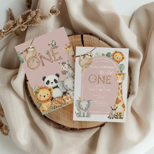 Pink Tropical Wild One Jungle Safari Animals Invitation