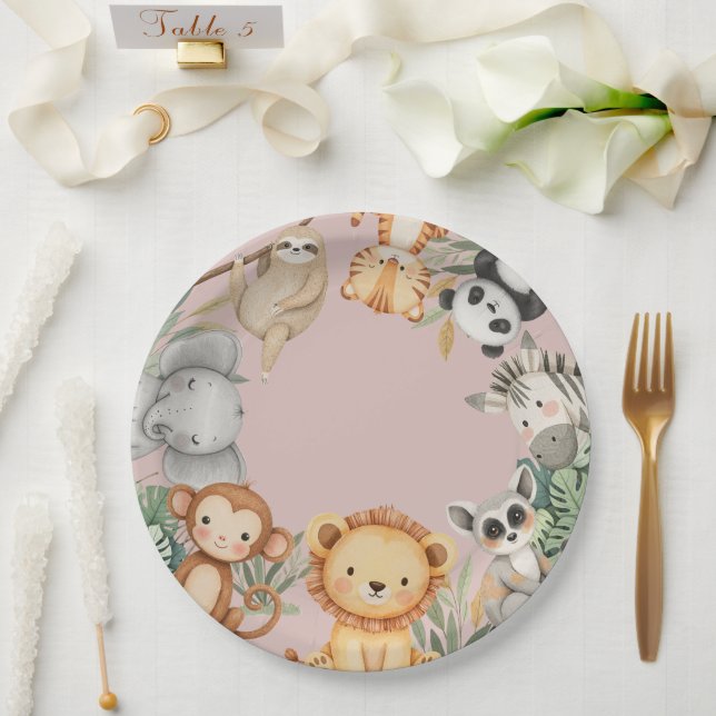 Pink Tropical Wild One Jungle Safari Animals  Paper Plate (Wedding)