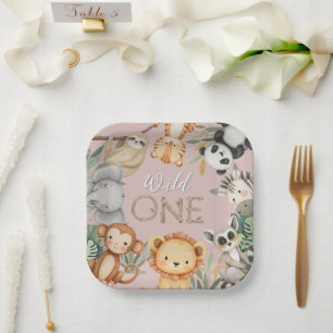 Pink Tropical Wild One Jungle Safari Animals Paper Plate