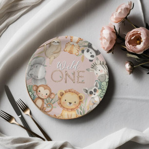 Pink Tropical Wild One Jungle Safari Animals Paper Plate