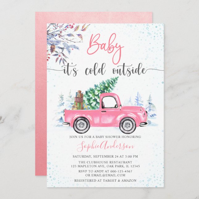 Pink Truck Baby It's Cold Outside Girl Baby Shower Invitation (Front/Back)