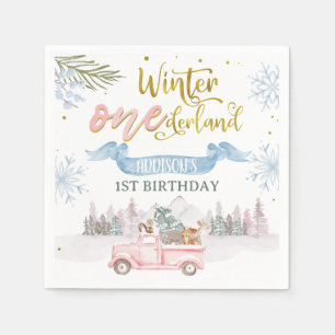 Pink Truck Banner Winter Onederland Birthday Napkin