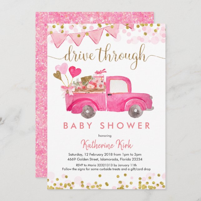 Pink Truck Drive Through Baby Shower Invitation (Front/Back)