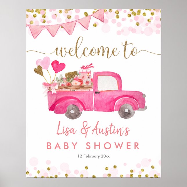 Pink Truck Drive Through Baby Shower Welcome Sign (Front)
