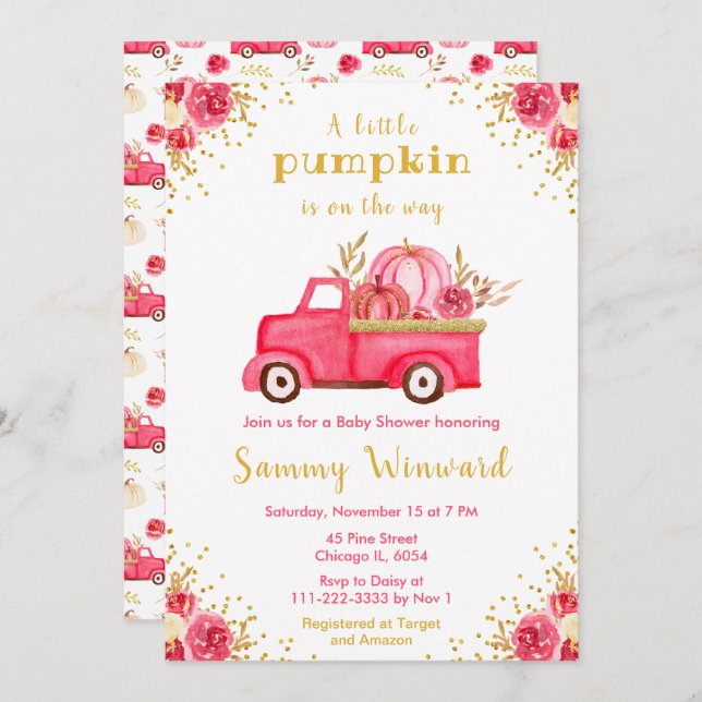 Pink Truck Fall Pumpkin Baby Shower Invitation (Front/Back)