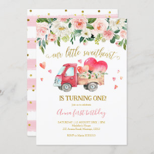 Pink Truck Our Little Sweetheart First Birthday Invitation