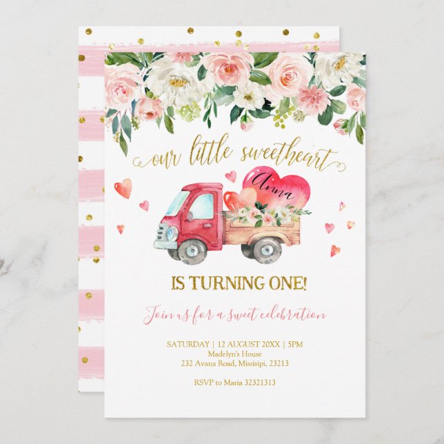 Pink Truck Our Little Sweetheart First Birthday Invitation (Front/Back)