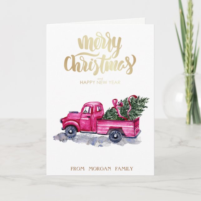 Pink Truck Pine Tree Christmas   Holiday Card (Front)