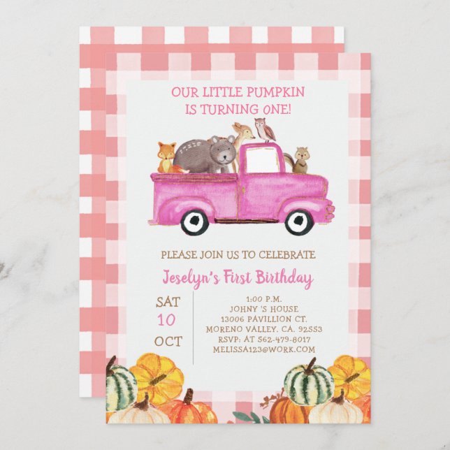 Pink Truck Pumpkin  Animals 1st Birthday Invitation (Front/Back)