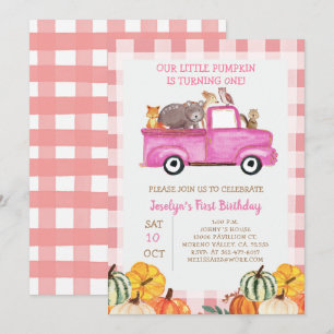 Pink Truck Pumpkin  Animals 1st Birthday Invitation