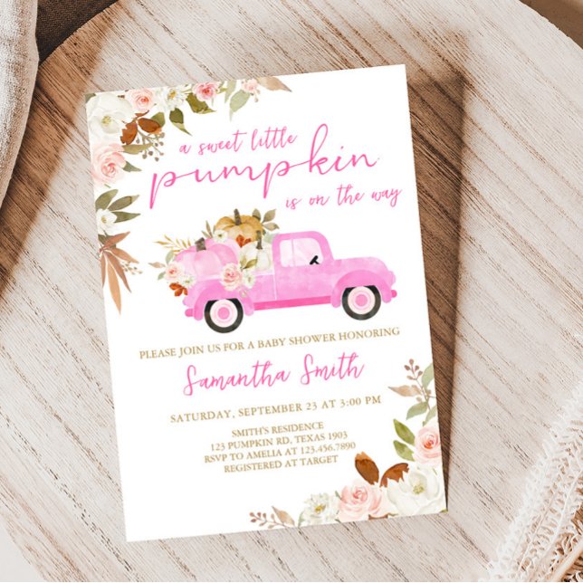 Pink Truck Pumpkin Baby Shower  Invitation (Fall Pumpkin Pink Truck Baby Shower Invitation)