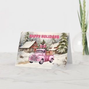Pink Truck Rustic Barn Happy Holidays Holiday Card