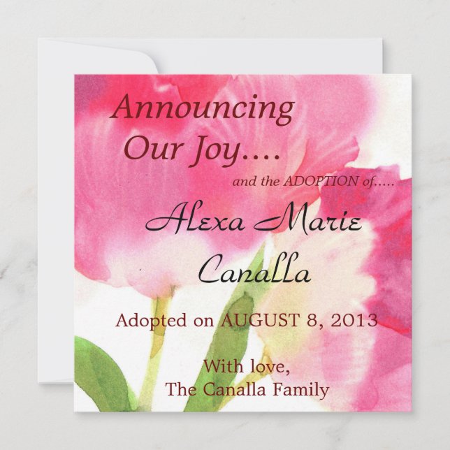 Pink Tulip Adoption Announcement Card (Front)