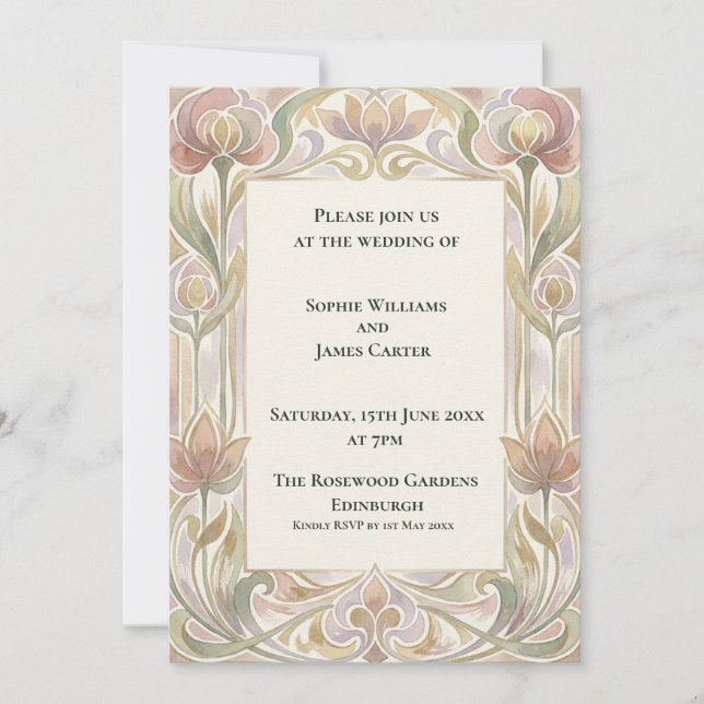 Pink Tulip Art Nouveau Wedding Invitation (Front)