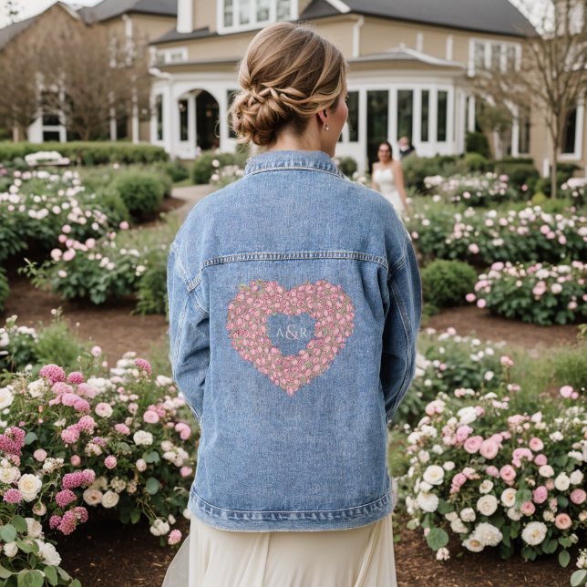 Pink tulip bouquet ink art heart wedding  denim jacket (Wedding Back)