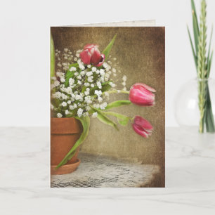 pink tulip bouquet on lace doily card