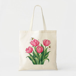 Pink Tulip Bouquet with Bees Floral Botanical Desi Tote Bag
