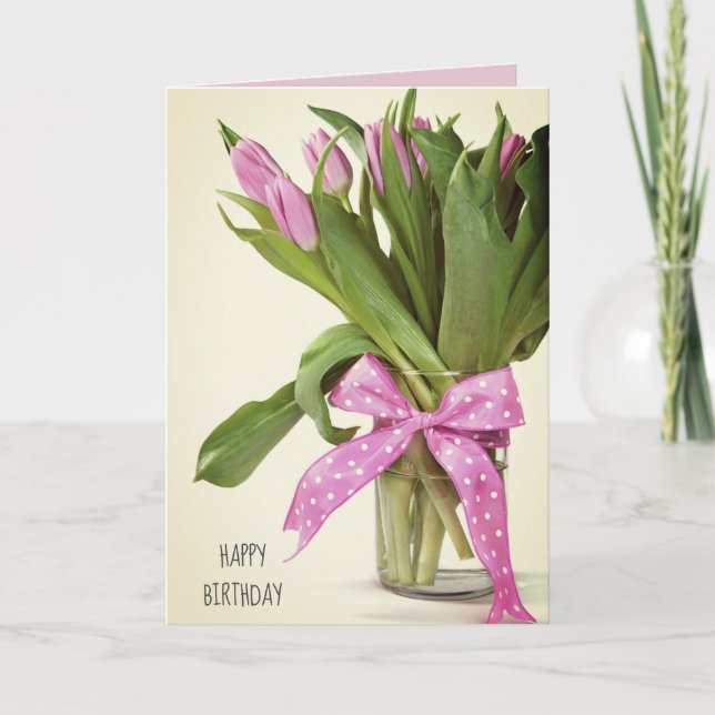 pink tulip bouquet with bow for birthday card (Front)