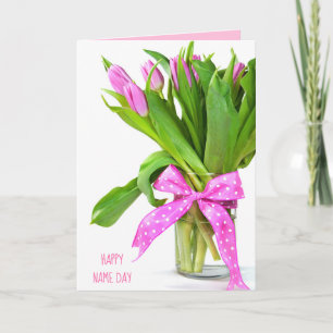pink tulip bouquet with bow for Name Day Card