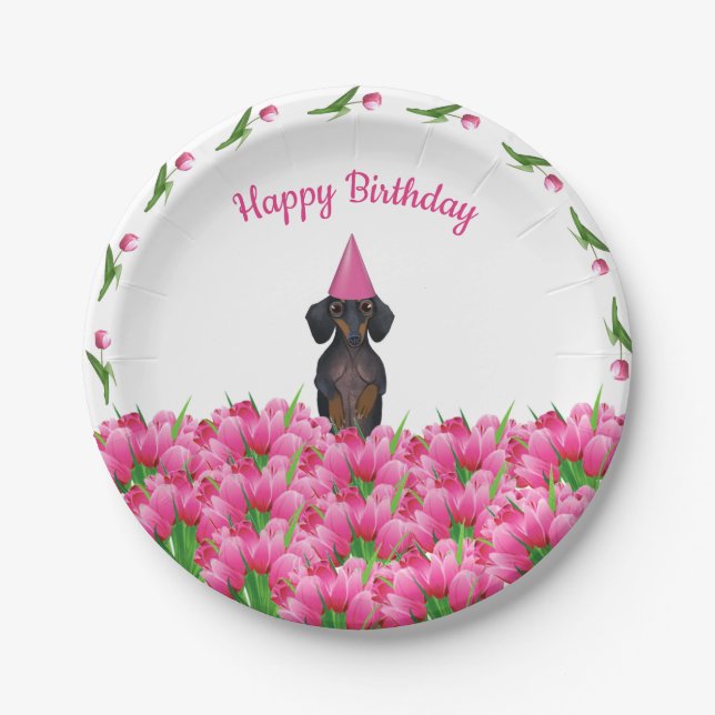 Pink Tulip Dachshund Paper Plates (Front)