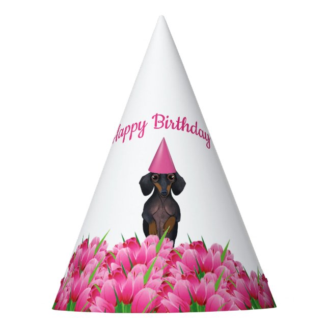 Pink Tulip Dachshund Party Hat (Front)