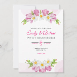 Pink Tulip Daffodil Floral Watercolor Wedding Invitation