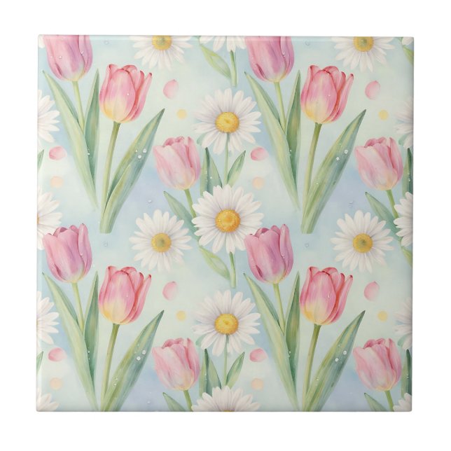 Pink Tulip Daisy Watercolor Spring Pattern Ceramic Tile (Front)
