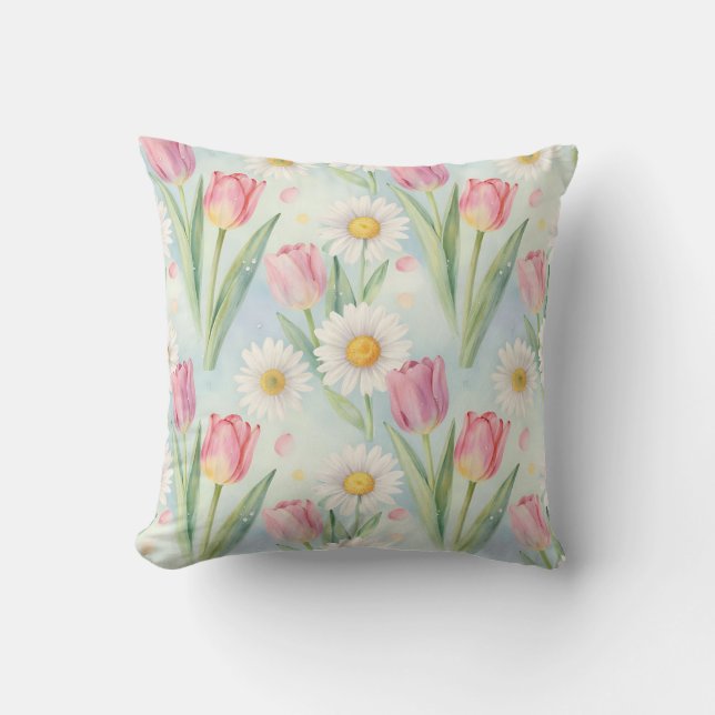 Pink Tulip Daisy Watercolor Spring Pattern Cushion (Front)