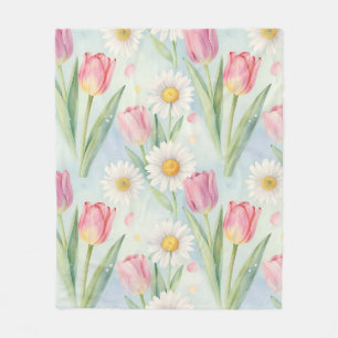 Pink Tulip Daisy Watercolor Spring Pattern Fleece Blanket