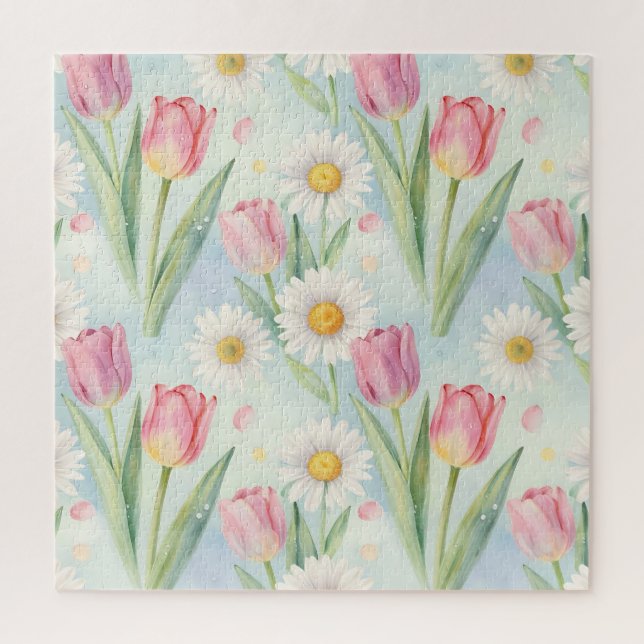 Pink Tulip Daisy Watercolor Spring Pattern Jigsaw Puzzle (Vertical)
