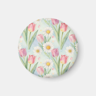 Pink Tulip Daisy Watercolor Spring Pattern Magnet