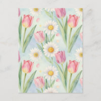 Pink Tulip Daisy Watercolor Spring Pattern