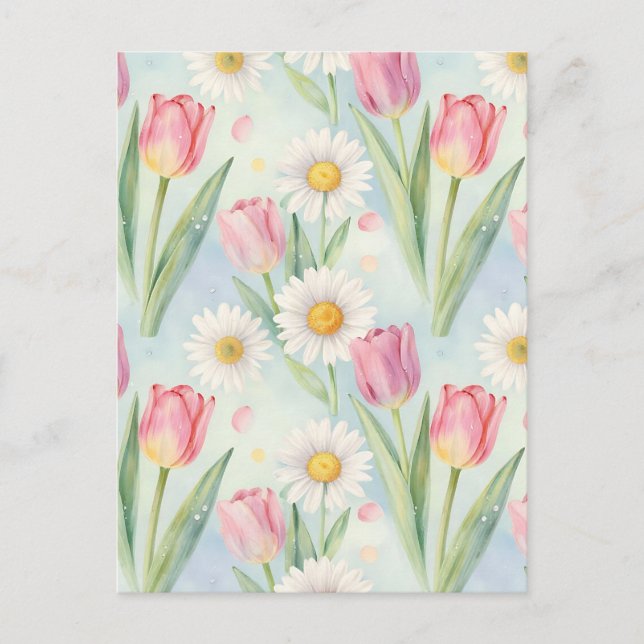 Pink Tulip Daisy Watercolor Spring Pattern Postcard (Front)