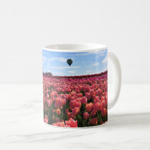 Pink Tulip Field with Hot Air Balloon, Oregon Coffee Mug